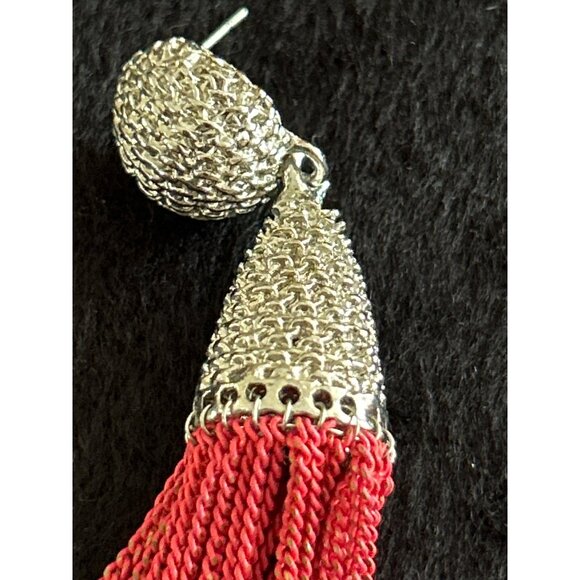 Silver & Red Tassel Chain Drop Earrings Statement Jewelry 2.5" Vintage Style - Picture 5 of 5